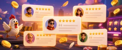 Illustration of Chicken Road gaming reviews section with floating review cards and playful elements